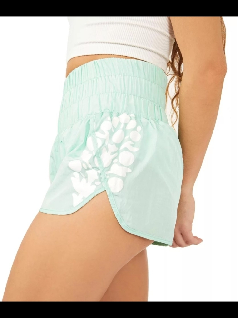 Free People Mint Green Floral Elastic-Waist Athletic Shorts Size S